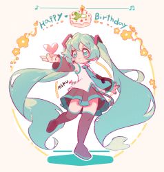 Rule 34 | 1girl, aqua eyes, aqua hair, arm at side, beamed sixteenth notes, beige background, birthday cake, black footwear, black skirt, blue nails, blue necktie, boots, cake, candle, character name, chibi, chou ji yun, circle, closed mouth, collared shirt, detached sleeves, dot nose, eighth note, english text, facing viewer, fingernails, fire, flat chest, floral background, flower, food, full body, hair between eyes, hand up, happy birthday, hatsune miku, heart, highres, holding, holding heart, light blush, light smile, long hair, musical note, nail polish, necktie, orange flower, outstretched hand, shirt, sidelocks, simple background, skirt, sleeveless, sleeveless shirt, solo, spring onion, standing, standing on one leg, tareme, thigh boots, thighhighs, twintails, two-tone background, vocaloid, white background, white shirt, zettai ryouiki