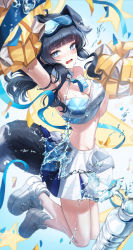 Rule 34 | 1girl, absurdres, animal ears, arms up, bare shoulders, black hair, blue archive, blue eyes, blunt bangs, blurry, blush, bottle, breasts, cheerleader, cleavage, crop top, dog ears, dog girl, dog tail, eyewear on head, goggles, goggles on head, halo, hibiki (blue archive), hibiki (cheer squad) (blue archive), highres, jumping, k0a, long hair, looking at viewer, medium breasts, millennium cheerleader outfit (blue archive), navel, official alternate costume, open mouth, pom pom (cheerleading), shoes, skirt, sneakers, solo, tail, thighs, water, water bottle