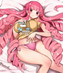 Rule 34 | 1girl, alternate costume, bed, bikini, bikini under clothes, black eyes, blunt bangs, breasts, cleavage, drill hair, embarrassed, highres, kasumi 6, large breasts, lips, long hair, looking at viewer, lying, no pupils, official alternate costume, on bed, one piece, perona, pink bikini, pink hair, print shirt, shiny skin, shirt, side-tie bikini bottom, simple background, solo, swimsuit, thong, thong bikini, twintails, twitter username, umbrella, very long hair