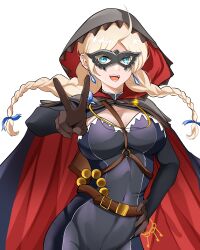 Rule 34 | 1girl, absurdres, ahoge, belt, blue bodysuit, blue brooch, blue eyes, blue feathers, blue ribbon, bodysuit, braid, breasts, cape, chain, commission, commissioner upload, crystal earrings, earrings, feathers, fire emblem, fire emblem fates, fire emblem heroes, gindaagi, gold chain, hair ribbon, highres, hood, hood up, hooded cape, jewelry, key, keyring, leather belt, low twin braids, medium breasts, nina (fire emblem), nina (thief) (fire emblem), nintendo, non-web source, o-ring, official alternate costume, open mouth, parted bangs, ribbon, skin tight, smile, teeth, turtleneck, twin braids, two-tone cape, upper teeth only, v