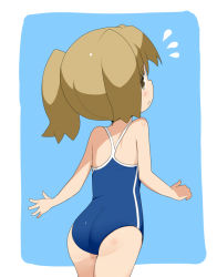 Rule 34 | 1girl, ass, blush, brown eyes, brown hair, child, elsie quin, female focus, heart, long hair, looking back, noora to koku no koubou, one-piece swimsuit, open mouth, school swimsuit, solo, swimsuit, tamakorogashi, twintails, wink