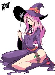 Rule 34 | 1girl, bigdead, boots, hair over one eye, hat, high heel boots, high heels, highres, legs, little witch academia, long hair, purple hair, solo, sucy manbavaran, witch, witch hat