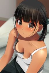 Rule 34 | 1girl, absurdres, bed, black hair, black pants, blurry, blurry background, blush, breasts, brown eyes, camisole, depth of field, downblouse, highres, indoors, looking at viewer, matsunaga kouyou, nose blush, on bed, original, pants, parted lips, sitting, small breasts, solo, tan, tanline, white camisole