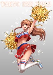Rule 34 | 1girl, :d, arm up, armpits, bad id, bad pixiv id, breasts, brown eyes, brown hair, cheerleader, copyright name, crop top, crop top overhang, full body, gaien nozomi, hair ribbon, highres, jumping, long hair, matching hair/eyes, midriff, navel, no bra, open mouth, pleated skirt, pom pom (cheerleading), ponytail, re:shimashima, red skirt, ribbon, shiny skin, shoes, sidelocks, skirt, sleeveless, smile, sneakers, solo, sparkle, spikes, thighhighs, tokyo exe girls, underboob, white thighhighs, yellow ribbon