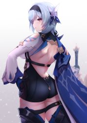 Rule 34 | 1girl, absurdres, ass, back, blue gloves, blue hair, capelet, closed mouth, eula (genshin impact), genshin impact, gloves, hair ornament, hair over one eye, hairband, hand on own hip, highres, kirima (user danf8787), leg armor, leotard, light blue hair, lips, looking at viewer, looking back, medium hair, planted, planted sword, planted weapon, shoulder blades, skindentation, solo, song of broken pines (genshin impact), sword, thigh strap, thighhighs, thighs, weapon, yellow eyes