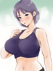 Rule 34 | 1girl, arm on another&#039;s shoulder, blush, breasts, collarbone, green eyes, highres, large breasts, looking at viewer, midriff, migan chengren, navel, original, outdoors, purple hair, purple sports bra, short hair, simple background, sports bra, steam, sweat, tank top, wet