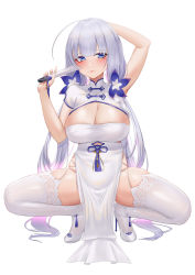Rule 34 | 1girl, absurdres, arm up, azur lane, blue eyes, breasts, china dress, chinese clothes, cleavage, cutout above navel, dress, flower, folded fan, folding fan, framed breasts, garter straps, grey hair, hair flower, hair ornament, hand fan, high heels, highres, holding, holding fan, ichikushi mojibake, illustrious (azur lane), illustrious (maiden lily&#039;s radiance) (azur lane), large breasts, long hair, looking at viewer, official alternate costume, pelvic curtain, purple flower, short sleeves, simple background, solo, spread legs, squatting, stiletto heels, thighhighs, tri tails, very long hair, white background, white dress, white footwear, white garter straps, white thighhighs