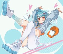 Rule 34 | 1girl, ahoge, arms up, asymmetrical clothes, blue hair, blue jacket, blush, creature, cropped jacket, cropped shirt, earrings, full moon, grin, hair ornament, hairclip, heart, highres, jacket, jewelry, kneehighs, long sleeves, looking at viewer, midriff, moon, multicolored eyes, pants, ruo19, shiranami ramune, shirt, shoes, short hair, single kneehigh, single pantsleg, single sock, smile, socks, solo, teeth, virtual youtuber, vspo!, white footwear, white pants, white shirt