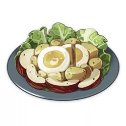 Rule 34 | apple, artist request, commentary, egg, egg (food), english commentary, food, food focus, fruit, game cg, genshin impact, lettuce, lowres, muted color, no humans, official art, plate, potato, salad, simple background, still life, third-party source, transparent background