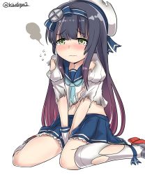 Rule 34 | 10s, 1girl, absurdres, arms between legs, black hair, blue skirt, blush, green eyes, hat, highres, kantai collection, kiritto, long hair, long sleeves, matsuwa (kancolle), pleated skirt, school uniform, seiza, serafuku, simple background, sitting, skirt, solo, tearing up, torn clothes, white background, white hat