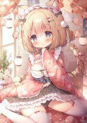 Rule 34 | 1girl, animal ear fluff, animal ears, bell, black bow, black panties, blonde hair, blush, bow, breasts, chest cutout, cleavage, clothes lift, dress, frilled dress, frills, garter straps, grey eyes, hair bell, hair bow, hair ornament, hairclip, hand on own chin, hand up, highres, indoors, lifting own clothes, lolita fashion, long sleeves, looking at viewer, maid headdress, medium hair, momozu komamochi, no shoes, oppai loli, original, panties, pantyshot, presenting, sitting, skirt, skirt lift, solo, tail, tail bow, tail ornament, tail raised, thighhighs, thighs, tiger ears, tiger girl, tiger tail, two side up, underwear, upskirt, wa lolita, wariza, white thighhighs, wide sleeves