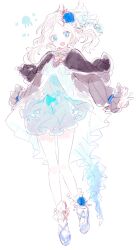 Rule 34 | 1girl, bad id, bad pixiv id, blue footwear, bubble, character request, copyright request, dress, frilled dress, frilled skirt, frills, hair ornament, jellyfish, looking to the side, lunch (lunchicken), medium hair, open mouth, simple background, skirt, slippers, smile, white background, white hair