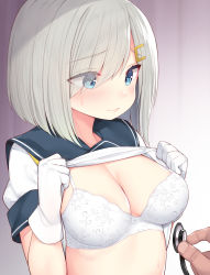 Rule 34 | 1girl, blue eyes, blush, bra, breasts, cleavage, closed mouth, commentary request, eyes visible through hair, gloves, hair ornament, hair over one eye, hairclip, hamakaze (kancolle), highres, kantai collection, large breasts, lifted by self, school uniform, short hair, short sleeves, solo focus, stethoscope, sweatdrop, underwear, upper body, watanon (gakushokutei), white bra, white gloves, white hair