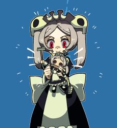 Rule 34 | 1girl, ^^^, apron, bloody marie (skullgirls), blue background, brooch, doll, dress, frilled apron, frilled dress, frills, grey hair, hair ornament, holding, holding doll, jewelry, kuroirozuki, looking down, maid headdress, red eyes, skull hair ornament, skullgirls, smile, solo, twintails