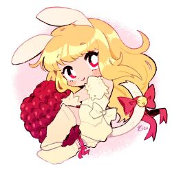 Rule 34 | 1girl, animal ears, bell, blonde hair, blush stickers, bow, bright pupils, cat tail, chibi, closed mouth, commission, dress, eyelashes, food, fruit, gloves, highres, kitchupsandwich, long hair, magical girl, mew berry, name connection, object namesake, rabbit ears, raspberry, red eyes, red ribbon, ribbon, shirayuki berry, simple background, smile, solo, tail, tail bell, tail bow, tail ornament, tokyo mew mew, tokyo mew mew a la mode, very long hair, white background, white bow, white dress, white footwear, white gloves, white pupils