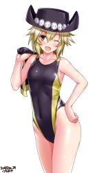 Rule 34 | 1girl, artist name, black one-piece swimsuit, blonde hair, blush, breasts, unworn cape, collarbone, competition swimsuit, cowboy hat, cowboy shot, dated, grey eyes, hair between eyes, hand on own hip, hat, highres, looking at viewer, medium hair, one-piece swimsuit, one eye closed, open mouth, short hair, simple background, small breasts, smile, solo, sonolar, standing, summon night, summon night 3, swimsuit, tsuchimiya, white background, yellow one-piece swimsuit