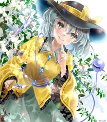 Rule 34 | 1girl, black hat, blood, bloody weapon, bow, closed mouth, commentary, flower, green skirt, grey eyes, grey hair, hajike akira, hat, hat bow, heart, heart-shaped pupils, holding, holding knife, knife, koishi day, komeiji koishi, long sleeves, looking at viewer, shirt, short hair, skirt, smile, solo, symbol-shaped pupils, touhou, twitter username, weapon, white flower, wide sleeves, yellow bow, yellow shirt
