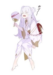 Rule 34 | 1girl, absurdres, alternate costume, azur lane, bad id, bad twitter id, barefoot, closed eyes, commentary, double bun, fanning face, hair bun, hand fan, highres, holding, holding fan, hot, japanese clothes, kimono, le malin (azur lane), long hair, long sleeves, nishikikope, obi, open mouth, paper fan, sash, sidelocks, silver hair, simple background, sitting, solo, sweat, translated, white background, white kimono, wide sleeves, yukata