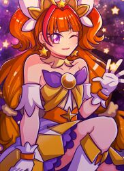 Rule 34 | 1girl, 1jumangoku, amanogawa kirara, backlighting, bare shoulders, blunt bangs, boots, bow, bowtie, collarbone, commentary request, cowboy shot, cure twinkle, detached sleeves, dress, earrings, eyelashes, frilled dress, frills, gloves, go! princess precure, gold headwear, hair bow, hair ornament, jewelry, knee boots, light blush, long hair, looking at viewer, low twintails, magical girl, multicolored hair, one eye closed, open mouth, precure, purple bow, purple bowtie, purple eyes, red hair, short sleeves, simple background, sitting, smile, solo, space, star (symbol), star earrings, star hair ornament, starry background, strapless, strapless dress, streaked hair, tiara, twintails, two side up, very long hair, waving, white bow, white footwear, white gloves, white sleeves, yellow dress