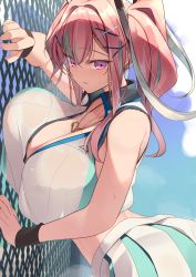 Rule 34 | 1girl, against fence, azur lane, breast press, breasts, breath, bremerton (azur lane), bremerton (scorching-hot training) (azur lane), chain-link fence, commentary request, crop top, crop top overhang, fence, green hair, hair ornament, hayato rikin, heart, heart necklace, highres, huge breasts, jewelry, leaning forward, long hair, looking at viewer, midriff, mole, mole under eye, multicolored hair, necklace, open mouth, pink eyes, pink hair, pink lips, pleated skirt, see-through, shirt, sidelocks, skirt, sleeveless, sleeveless shirt, solo, sportswear, streaked hair, sunlight, sweatdrop, tennis uniform, tsurime, twintails, two-tone shirt, two-tone skirt, wet, wet clothes, x hair ornament