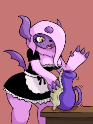 Rule 34 | 1girl, absol, areola slip, black bow, black dress, bow, breasts, claws, cleaning, cleavage, creatures (company), dress, fang, female focus, fizwack, freckles, frilled dress, frills, furry, furry female, game freak, gen 3 pokemon, hair over one eye, hands up, highres, horns, large breasts, legs apart, looking down, maid, nintendo, no bra, open mouth, pokemon, pokemon (creature), pokemon rse, red background, short dress, short sleeves, simple background, solo, standing, table, tail, teeth, vase, wavy mouth, white hair, yellow eyes