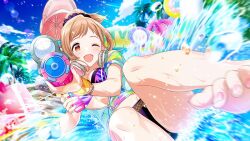 Rule 34 | 1girl, ;d, afloat, aiming, aiming at viewer, bare legs, barefoot, bikini, blurry, blush, bracelet, breasts, brown eyes, brown hair, depth of field, feet, foot out of frame, game cg, hair ornament, hair scrunchie, headphones, headphones around neck, holding, holding water gun, idolmaster, idolmaster shiny colors, jacket, jewelry, light brown hair, looking at viewer, medium breasts, midriff, multicolored clothes, multicolored jacket, nail polish, official art, one eye closed, open clothes, open jacket, open mouth, ponytail, purple bikini, sakuragi mano, scrunchie, short sleeves, smile, solo, splashing, swimsuit, thighs, third-party source, toenail polish, toenails, toes, tomari (veryberry00), water, water gun, water slide, wet