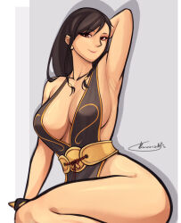 Rule 34 | 1girl, alternate hairstyle, arm behind head, armpits, breasts, brown eyes, brown hair, capcom, chinese clothes, chun-li, cleavage, highres, large breasts, legs, looking at viewer, official alternate costume, official alternate hairstyle, seductive gaze, seductive smile, sitting, smile, solo, street fighter, thick thighs, thighs