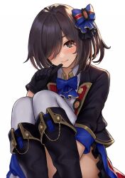 Rule 34 | 1girl, arm behind leg, black footwear, black gloves, black jacket, blue bow, blue bowtie, blush, boots, bow, bowtie, brown hair, closed mouth, collared shirt, commentary, feet out of frame, female prince (sennen sensou aigis), finger to mouth, fold-over boots, gloves, grey eyes, hair bow, hair over one eye, highres, hiyashiru, idol, jacket, knee boots, knees up, legs, long sleeves, looking at viewer, medium hair, miniskirt, one eye covered, one side up, sennen sensou aigis, shirt, simple background, sitting, skirt, solo, thighhighs, v-shaped eyebrows, white background, white shirt, white thighhighs