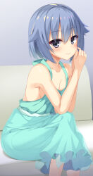 Rule 34 | 1boy, absurdres, aqua dress, aria (koiiroharemoyou), bare arms, bare shoulders, blue hair, blush, cleavage cutout, closed mouth, clothing cutout, collarbone, commentary request, couch, crossed legs, dress, elbows on knees, eyelashes, eyes visible through hair, feet out of frame, grey background, grey eyes, hair between eyes, hands up, highres, indoors, lips, long dress, looking at viewer, medium hair, on couch, own hands together, riddle joker, shiny skin, simple background, sitting, smile, solo, suou kyouhei, trap