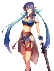 Rule 34 | 00s, 1girl, blue hair, elf, judith (tales), midriff, multicolored hair, navel, pointy ears, polearm, red eyes, shion (kizuro), solo, spear, tales of (series), tales of vesperia, two-tone hair, weapon