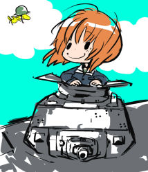 Rule 34 | 10s, 1girl, bird, blue sky, charles schulz (style), closed eyes, cloud, crossover, day, dot nose, girls und panzer, helmet, lenny-tree, light brown hair, long sleeves, looking at another, military, military uniform, military vehicle, motor vehicle, nishizumi miho, on vehicle, ooarai military uniform, outdoors, parody, peanuts (comic), short hair, sky, smile, style parody, tank, toon (style), uniform, wind, woodstock
