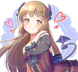 Rule 34 | 1girl, absurdres, alternate costume, bare shoulders, black bow, black gloves, blush, bow, brown hair, commentary request, dark persona, demon girl, demon horns, demon tail, demon wings, dress, frilled dress, frills, gloves, heart, heart-shaped pupils, heart print, highres, horns, idolmaster, idolmaster cinderella girls, jewelry, long hair, looking at viewer, mouchi (mouchimochi), necklace, off shoulder, outstretched arm, patterned background, red dress, smirk, solo, symbol-shaped pupils, tail, twisted torso, upper body, wings, yorita yoshino