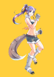 Rule 34 | 1girl, animal ears, artist name, belt, belt buckle, black bra, blue hair, bra, breasts, buckle, claws, commentary request, dated, denim, denim shorts, full body, fur-trimmed bra, fur-trimmed shorts, fur trim, gakuzan, grin, halloween costume, kantai collection, large breasts, long hair, looking at viewer, multicolored hair, navel, paw shoes, red hair, short shorts, shorts, smile, solo, south dakota (kancolle), star (symbol), tail, underwear, white hair, wolf ears, wolf tail, yellow background