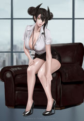 Rule 34 | 1girl, absurdres, agent (girls&#039; frontline), alternate breast size, alternate costume, asymmetrical hair, bare legs, black hair, blue sky, blurry, breasts, bright pupils, building, cityscape, cleavage, collarbone, contemporary, day, depth of field, double bun, english text, fingernails, gcg, girls&#039; frontline, hair bun, hand on own thigh, high heels, highres, id card, indoors, lanyard, large breasts, leaning forward, leather chair, legs, lips, lipstick, looking at viewer, makeup, office lady, parted lips, partially unbuttoned, pencil skirt, sangvis ferri, shirt, sidelocks, sitting, skirt, sky, skyscraper, solo, thighs, white pupils, white shirt, yellow eyes