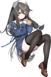 Rule 34 | 1girl, beans, black hair, black thighhighs, blouse, blue shirt, full body, green eyes, hair between eyes, headgear, i-47 (kancolle), kantai collection, long hair, low-tied long hair, official art, shirt, solo, thighhighs, torn clothes, torn shirt, transparent background