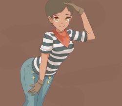 Rule 34 | 1girl, brown eyes, brown hair, denim, extra, gloves, hand on own hip, hiwonoafu, jeans, leaning forward, matte skye, neckerchief, pants, rwby, salute, shirt, short hair, smile, solo, striped clothes, striped shirt, very short hair