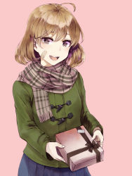 Rule 34 | 1girl, bandaid, bandaid on cheek, bandaid on face, blue skirt, box, brown eyes, brown hair, brown scarf, gift, gift box, green jacket, holding, jacket, kantai collection, kurou (bcrow), long sleeves, looking at viewer, oboro (kancolle), official alternate costume, pink background, plaid, plaid scarf, pleated skirt, scarf, short hair, simple background, skirt, solo, upper body, valentine
