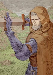 Rule 34 | 1boy, absurdres, armor, beard, brown cape, brown eyes, cape, cidolfus orlandeau, day, facial hair, final fantasy, final fantasy tactics, gauntlets, grass, hatching (texture), highres, holding, holding sword, holding weapon, hood, hooded cape, male focus, old, old man, outdoors, rock, shinichi kobe, standing, sword, upper body, weapon