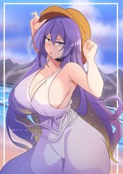 Rule 34 | 1girl, bare arms, bare shoulders, beach, blonde hair, blue sky, breasts, cleavage, cloud, collarbone, colored inner hair, day, dress, gradient hair, hair between eyes, hand on headwear, hands on headwear, hat, highres, hololive, hololive indonesia, horizon, large breasts, long hair, looking at viewer, moona hoshinova, multicolored hair, myumi, ocean, open mouth, outdoors, purple eyes, purple hair, sand, shore, sideboob, sky, sleeveless, sleeveless dress, solo, star (symbol), starry hair, straw hat, sun hat, sundress, two-tone hair, virtual youtuber, water, white dress