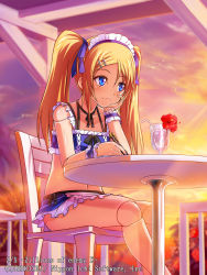 Rule 34 | 1girl, bad id, bad pixiv id, black neckwear, black ribbon, blonde hair, blue eyes, chair, copyright name, cup, doll joints, drink, drinking straw, eblmeka, flower, frilled swimsuit, frills, hair ornament, hair ribbon, hairclip, head rest, headband, indoors, joints, looking to the side, navel, official art, pen, ribbon, solo, sunset, swimsuit, table, twintails, watermark, writing, z/x