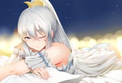 Rule 34 | 1girl, ass, bare shoulders, blue eyes, blurry, blurry background, blush, bokeh, breasts, depth of field, dress, eyes visible through hair, ginhaha, highres, long hair, looking at viewer, lying, on bed, on stomach, one eye closed, original, panties, pillow, silver hair, sky, solo, star (sky), starry sky, striped clothes, striped panties, thick eyebrows, underwear, white dress
