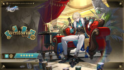 Rule 34 | 1boy, aqua shirt, aventurine (honkai: star rail), black footwear, black gloves, black jacket, blonde hair, card, commentary, commentary request, couch, gloves, hand up, holding, holding card, honkai: star rail, honkai (series), jacket, looking at viewer, male focus, official art, pants, plant, poker chip, potted plant, purple eyes, shirt, shoes, short hair, sitting, smile, white pants, zoom layer