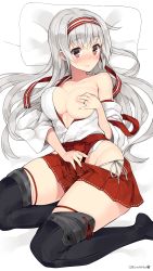 Rule 34 | 10s, 1girl, blush, breasts, brown eyes, cleavage, hairband, heart, heart-shaped pupils, highres, japanese clothes, jewelry, kantai collection, kuro chairo no neko, long hair, off shoulder, panties, ring, shoukaku (kancolle), shoukaku kai ni (kancolle), side-tie panties, silver hair, solo, symbol-shaped pupils, thighhighs, underwear, wedding band