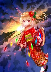 Rule 34 | 1girl, alternate costume, artist name, black footwear, blonde hair, bow, cloud, cloudy sky, commentary request, dutch angle, flandre scarlet, floating hair, floral print, flower, flower request, full body, glowing, glowing wings, hair between eyes, hair flower, hair ornament, hands up, japanese clothes, kimono, leaf hair ornament, long sleeves, looking at viewer, morning, nail polish, obi, off shoulder, one side up, out of frame, outdoors, pink bow, pointy ears, red eyes, red flower, red kimono, red nails, reflection, ripples, sakizaki saki-p, sash, shide, short hair, sidelocks, sky, sleeves past wrists, smile, solo, standing, standing on liquid, sun, sunlight, tabi, touhou, twitter username, white legwear, wide sleeves, wings
