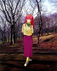 Rule 34 | 1990s (style), 1girl, aran sweater, bare tree, cable knit, day, fujisaki shiori, green scarf, hairband, jpeg artifacts, kokura masashi, long hair, long skirt, looking at viewer, official art, outdoors, photo background, pink hair, red skirt, retro artstyle, scan, scarf, skirt, socks, solo, standing, sweater, tokimeki memorial, tokimeki memorial 1, tree