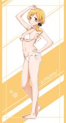 Rule 34 | 1girl, absurdres, alternate hairstyle, arm up, barefoot, bikini, black scrunchie, blonde hair, blush, breasts, character name, closed mouth, from side, full body, groin, hair down, hair ornament, hair over shoulder, hair scrunchie, hand on own hip, highres, jewelry, large breasts, looking at viewer, mahou shoujo madoka magica, mahou shoujo madoka magica (anime), micro bikini, navel, revision, ring, scrunchie, side-tie bikini bottom, silhouette, smile, solo, standing, swimsuit, tomoe mami, two-tone background, white background, white bikini, yanmaami, yellow background, yellow eyes