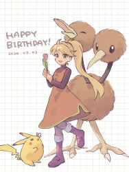 Rule 34 | 1girl, :d, blonde hair, creatures (company), dated, doduo, dress, flower, full body, game freak, gen 1 pokemon, grid background, happy birthday, highres, holding, holding flower, long hair, long sleeves, looking at viewer, min10, nintendo, open mouth, pikachu, pokemon, pokemon (creature), pokemon adventures, ponytail, shoes, smile, yellow (pokemon)