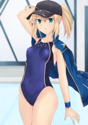 Rule 34 | 1girl, ahoge, artoria pendragon (all), artoria pendragon (fate), baseball cap, black hat, blonde hair, blue jacket, blue one-piece swimsuit, blush, breasts, competition swimsuit, covered navel, cross (crossryou), fate/grand order, fate (series), green eyes, hair between eyes, hat, highres, jacket, long hair, long sleeves, looking at viewer, mysterious heroine x (fate), one-piece swimsuit, ponytail, saber (fate), saber (summer battle clothes) (fate), sidelocks, small breasts, solo, swimsuit, thighs, wet
