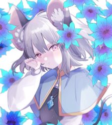 Rule 34 | 1girl, animal ear fluff, animal ears, blue capelet, blue flower, blush, capelet, closed mouth, commentary, crying, crying with eyes open, crystal, expressionless, flat chest, flower, grey hair, grey vest, hair between eyes, hall jion, hibiscus, highres, jewelry, long sleeves, looking at viewer, mouse ears, mouse girl, mouse tail, nazrin, pendant, red eyes, shirt, short hair, solo, tail, tears, touhou, upper body, vest, white background, white shirt, wiping tears