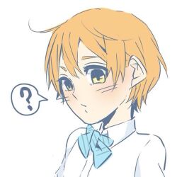 Rule 34 | 1girl, ?, blue bow, blue bowtie, blush, bow, bowtie, closed mouth, collared shirt, commentary request, dress shirt, hoshizora rin, kashikaze, looking at viewer, love live!, love live! school idol project, orange hair, school uniform, shirt, short hair, simple background, solo, spoken question mark, striped bow, striped bowtie, striped clothes, upper body, white background, white shirt, yellow eyes